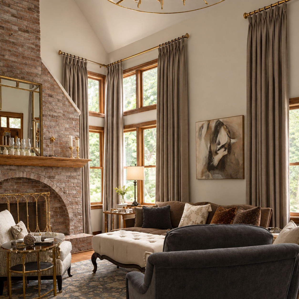 Beautiful living room with oversized windows and elegant drapes.
