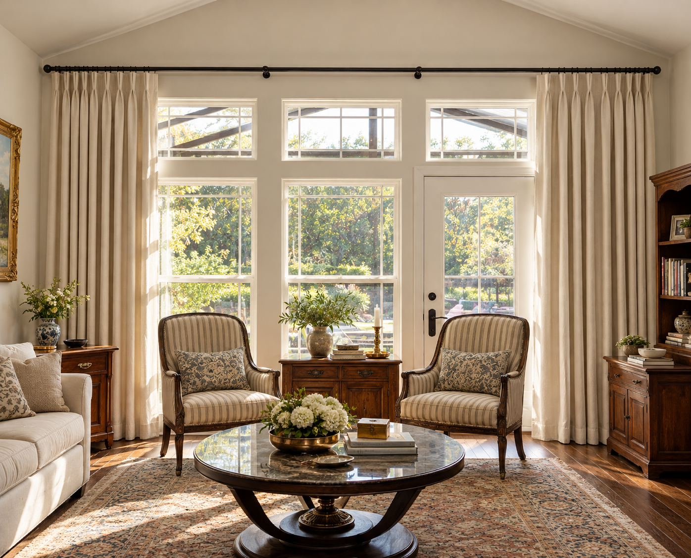Elegant Sunlit Traditional Living Room with Wide and Tall Window Treatments.