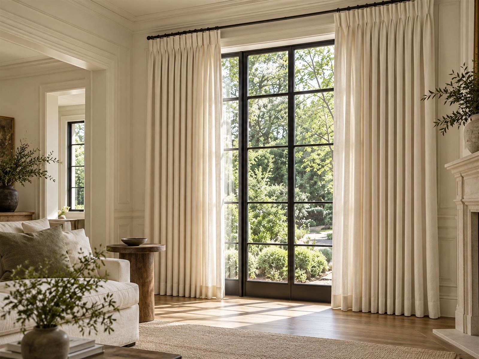 Beautifully styled room with custom drapes.