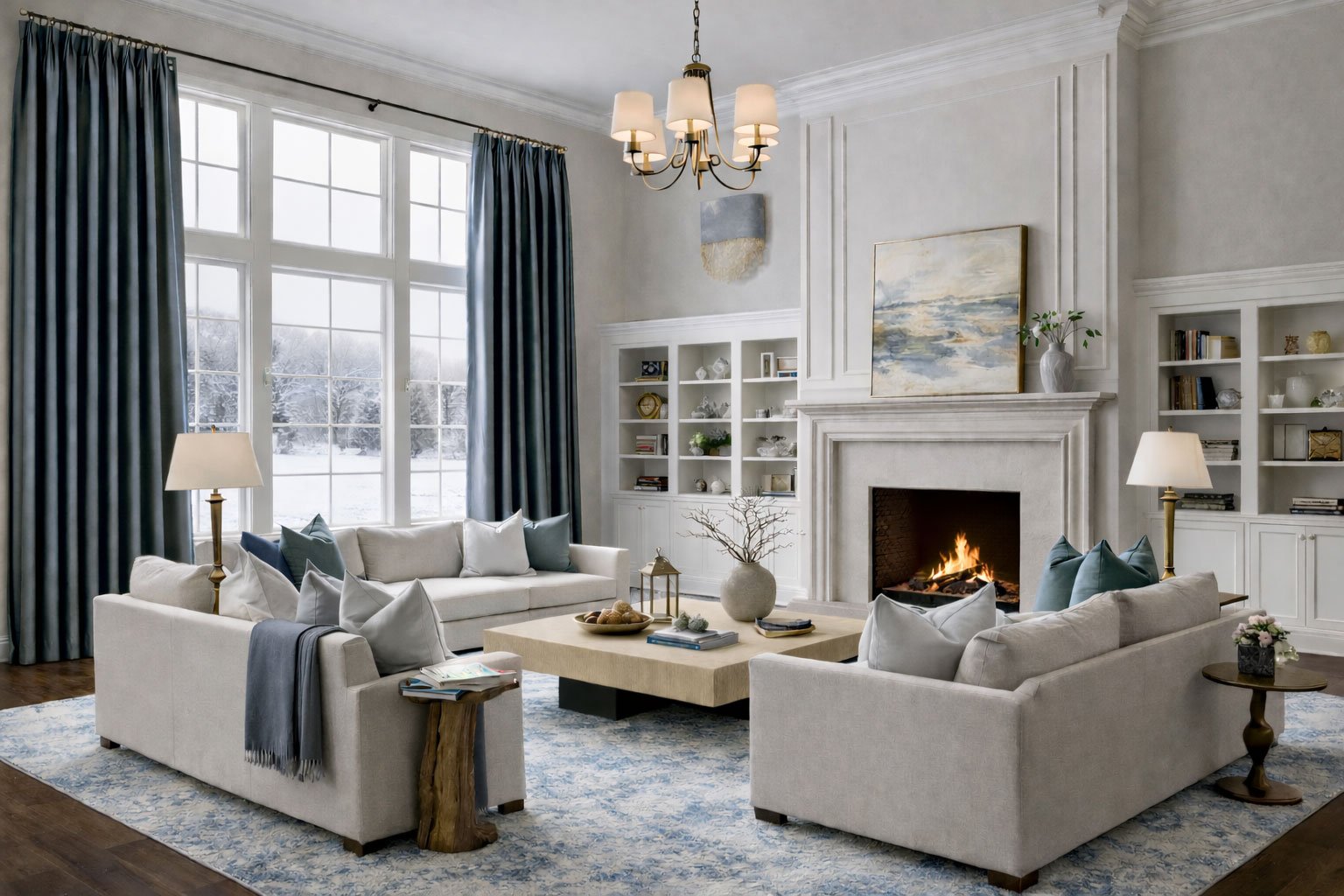 Cozy winter living room with floor-length custom drapes in Thermal Dim-Out Lining.