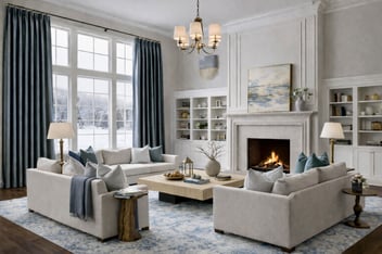 Winter room with fully lined custom drapery